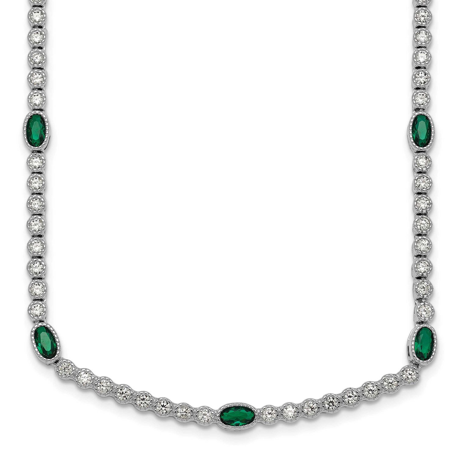 Green and White CZ Necklace Sterling Silver Rhodium-Plated Polished, MPN: QG6998-17, UPC: