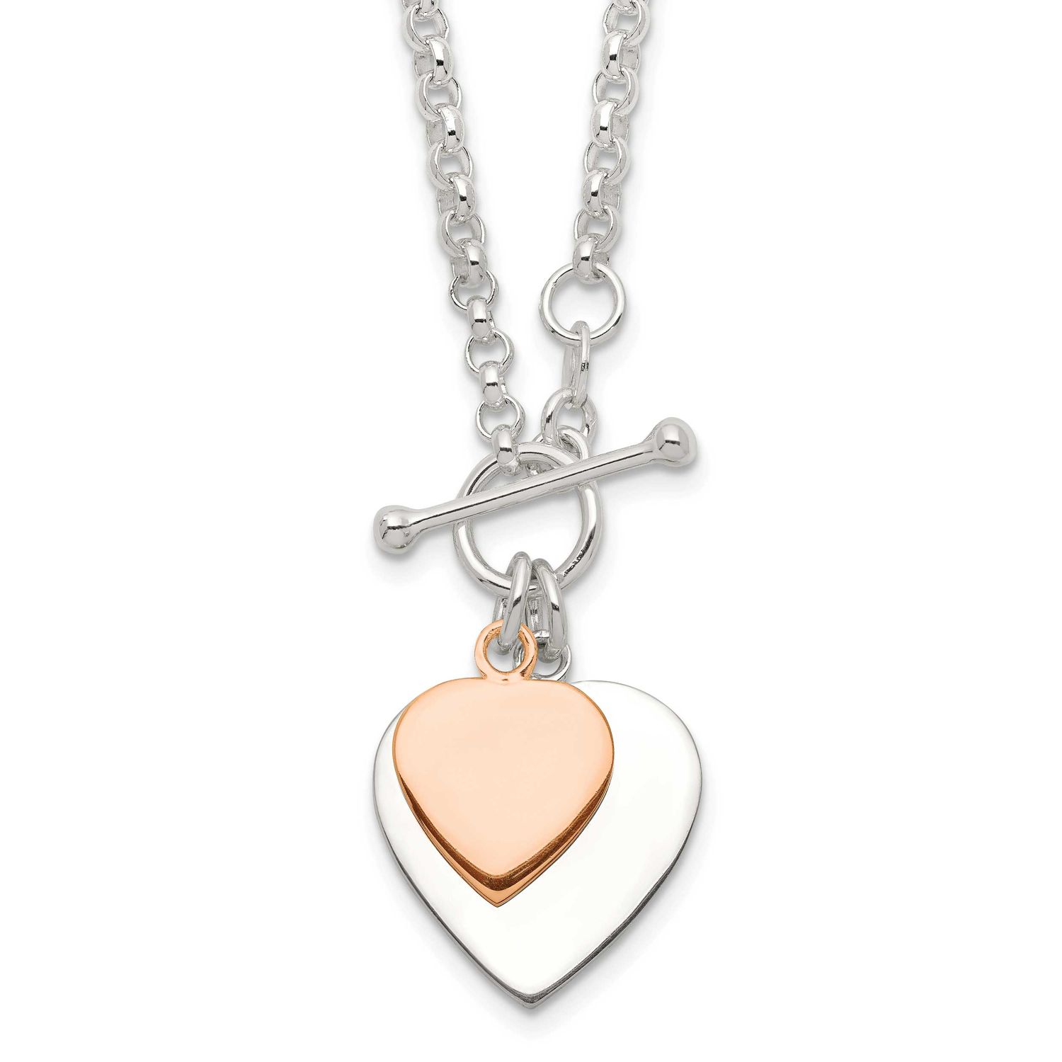 Rose Gold-Plat Engraveable Double Heart Toggle Necklace Sterling Silver, MPN: QG1441RP-18, UPC: