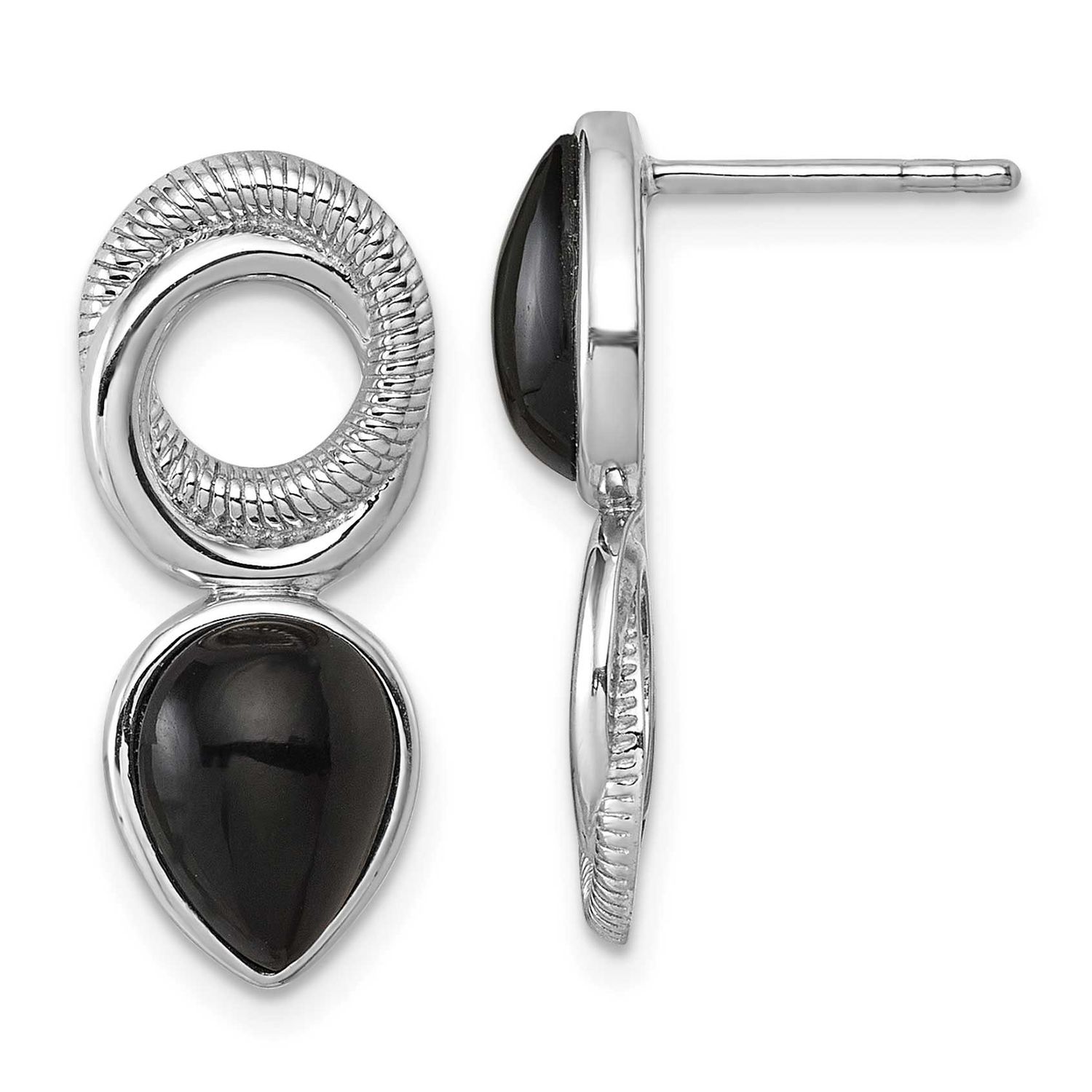 Black Agate Circle Teardrop Post Earrings Sterling Silver Rhodium-Plated, MPN: QE18049, UPC: