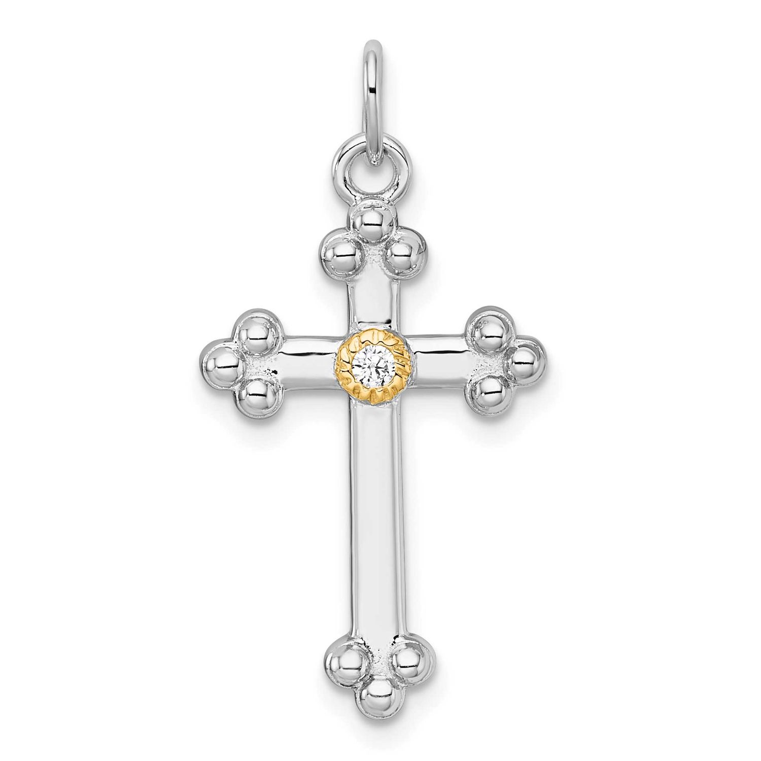 14k Accent Polished CZ Budded Cross Pendant Sterling Silver Rhodium-Plated, MPN: QC11611, UPC: