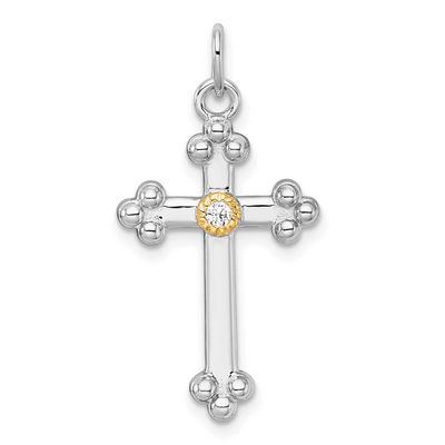 14k Accent Polished CZ Budded Cross Pendant Sterling Silver Rhodium-Plated, MPN: QC11611, UPC:
