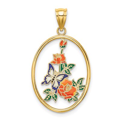 Enamel White Butterfly In Oval with Orange Flowers Charm 14k Gold, MPN: K6866, UPC: 637218127498
