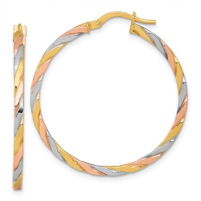 Rose and White Rhodium Polished Twisted Hoop Earrings 10k Gold, MPN: 10ER382, UPC: