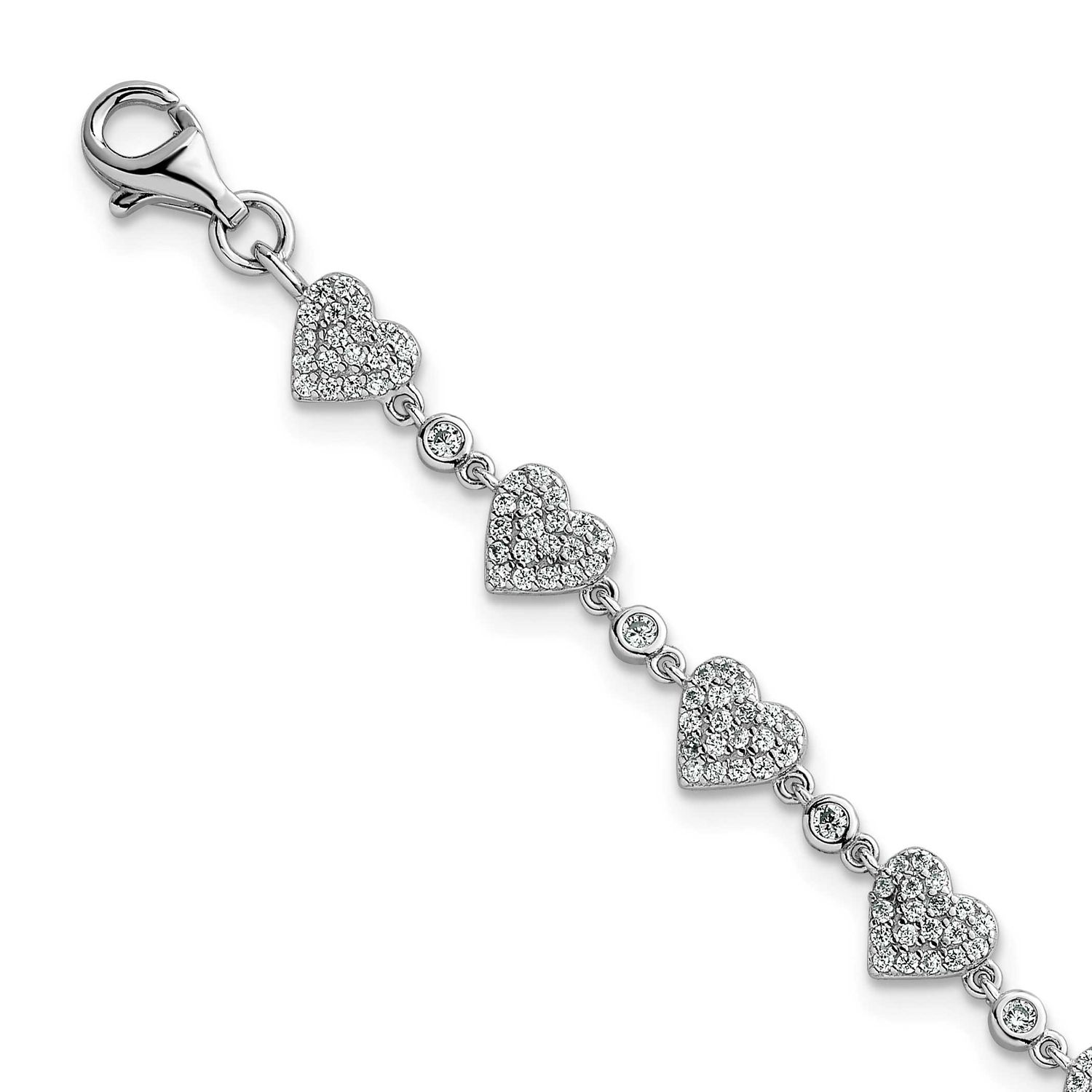 Pave CZ Hearts 7 Inch with 1 Inch Extension Bracelet Sterling Silver Rhodium-Plated Polished, MPN: …