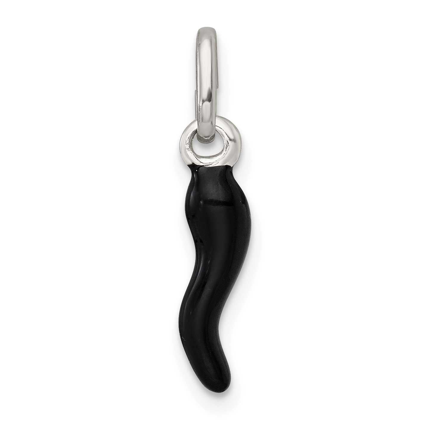 Black Enamel Italian Horn Pendant Sterling Silver, MPN: QC11496, UPC: