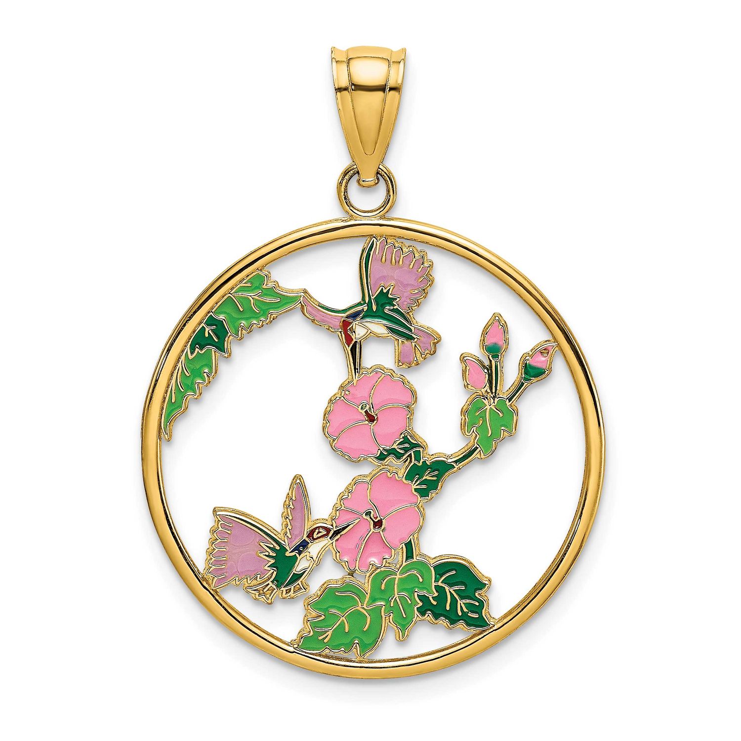 Enamel Hummingbirds and Flowers In Circle Charm 14k Gold, MPN: K6868, UPC: 637218127511