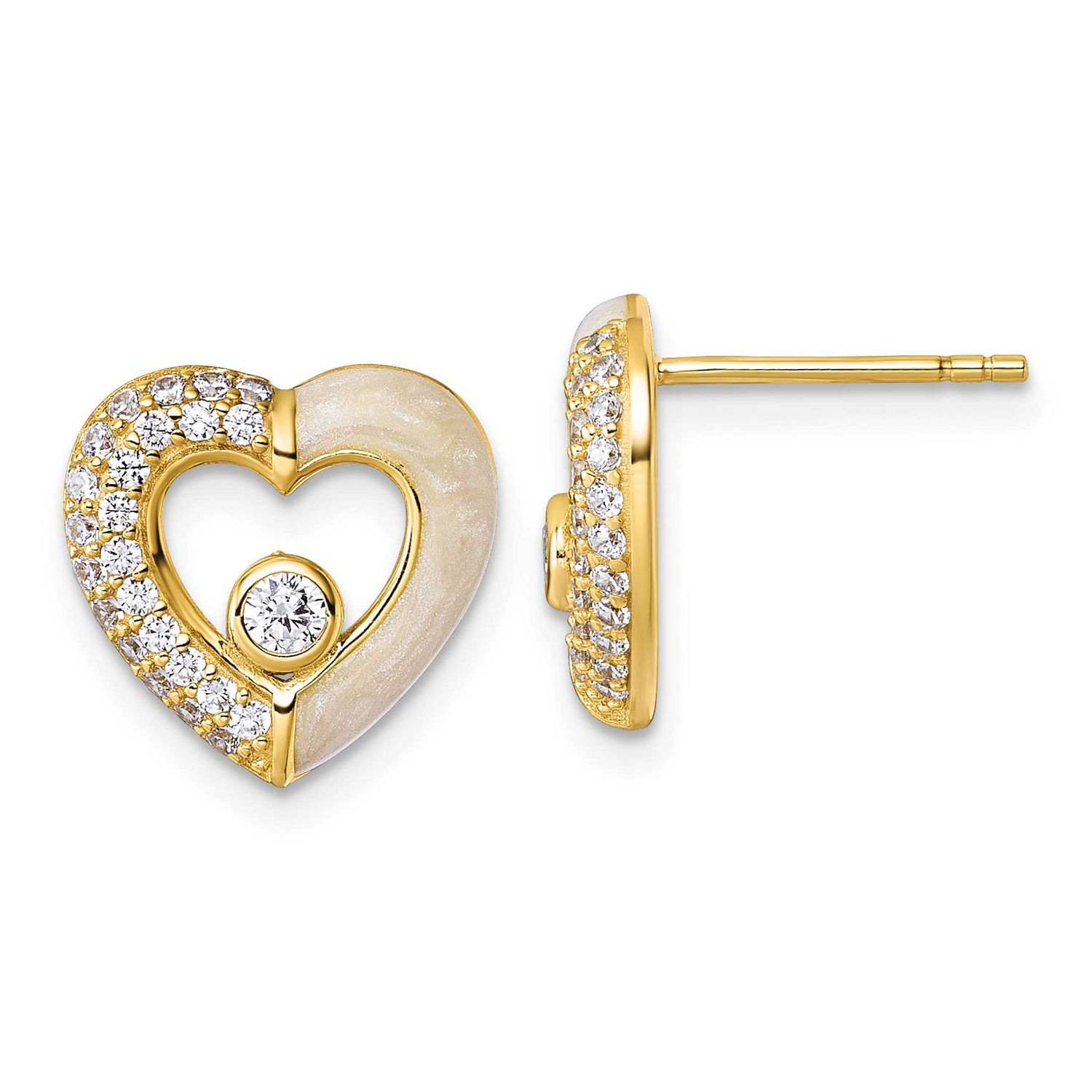 CZ Enamel Polished Heart Post Earrings Sterling Silver Gold-Tone, MPN: QG6957EGP, UPC: