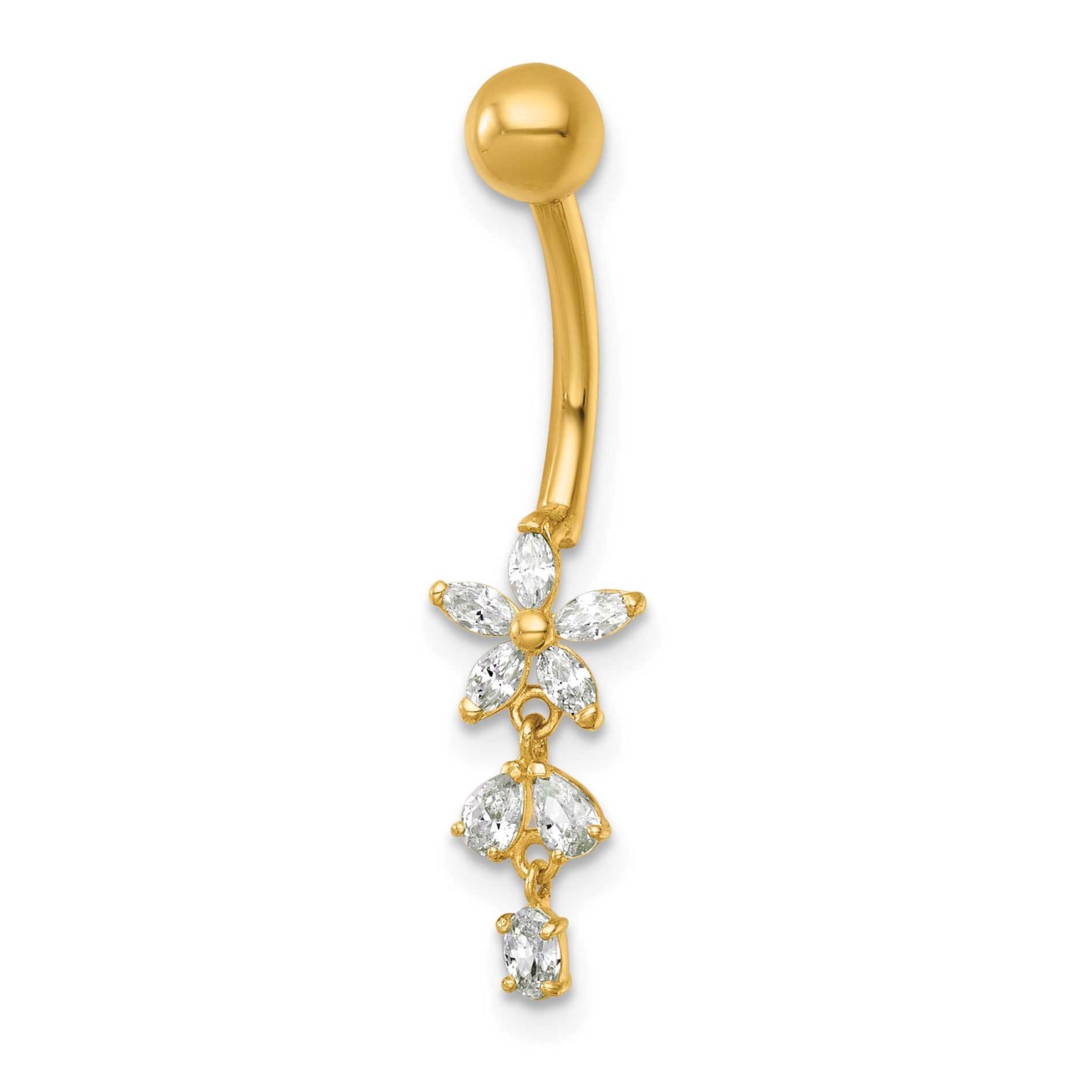 14 Gauge Polished CZ Dangling Flower Navel Ring 14k Gold, MPN: BD330, UPC: