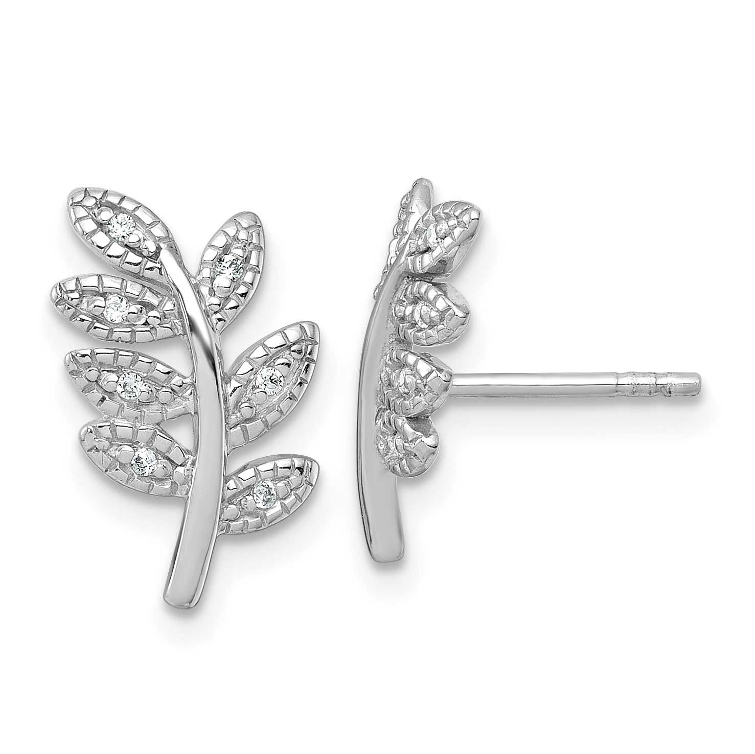 Polished CZ Leaf Post Earrings Sterling Silver Rhodium-Plated, MPN: QG7219E, UPC:
