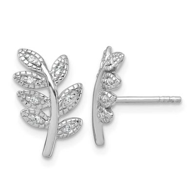 Polished CZ Leaf Post Earrings Sterling Silver Rhodium-Plated, MPN: QG7219E, UPC: