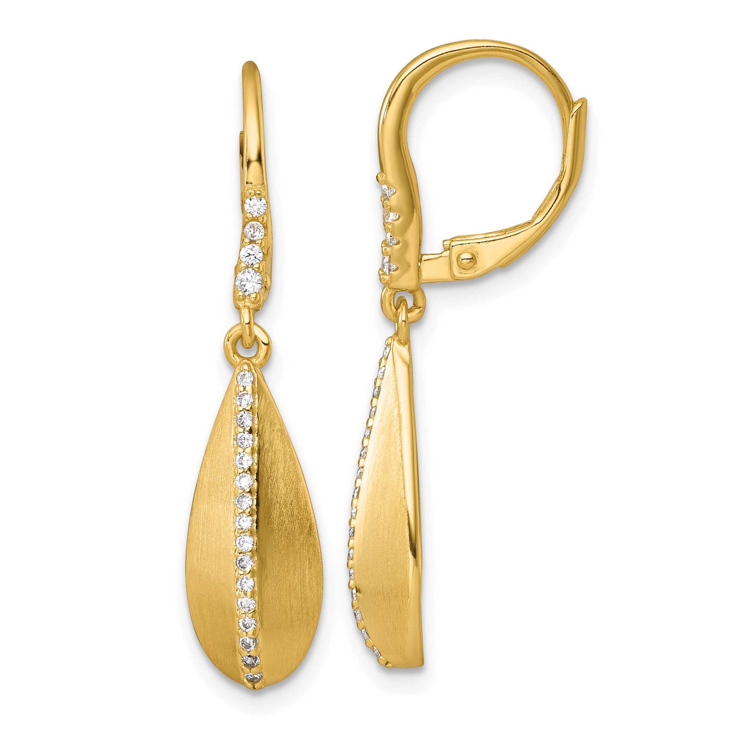 Brushed Polished CZ Teardrop Leverback Earrings Sterling Silver Gold-Tone, MPN: QE18064GP, UPC:
