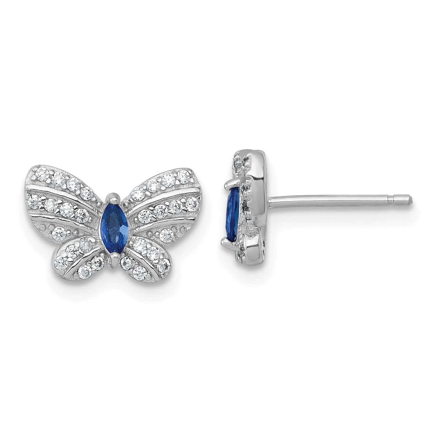 CZ and Glass Butterfly Post Earrings Sterling Silver Rhodium-Plated Polished, MPN: QG7131E, UPC: