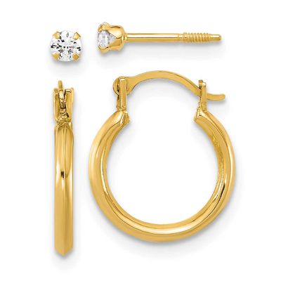 1.50mm Hoop and 2.5mm White CZ Screwback Post Set of 2 Earrings 14k Gold, MPN: YE2249SET, UPC: