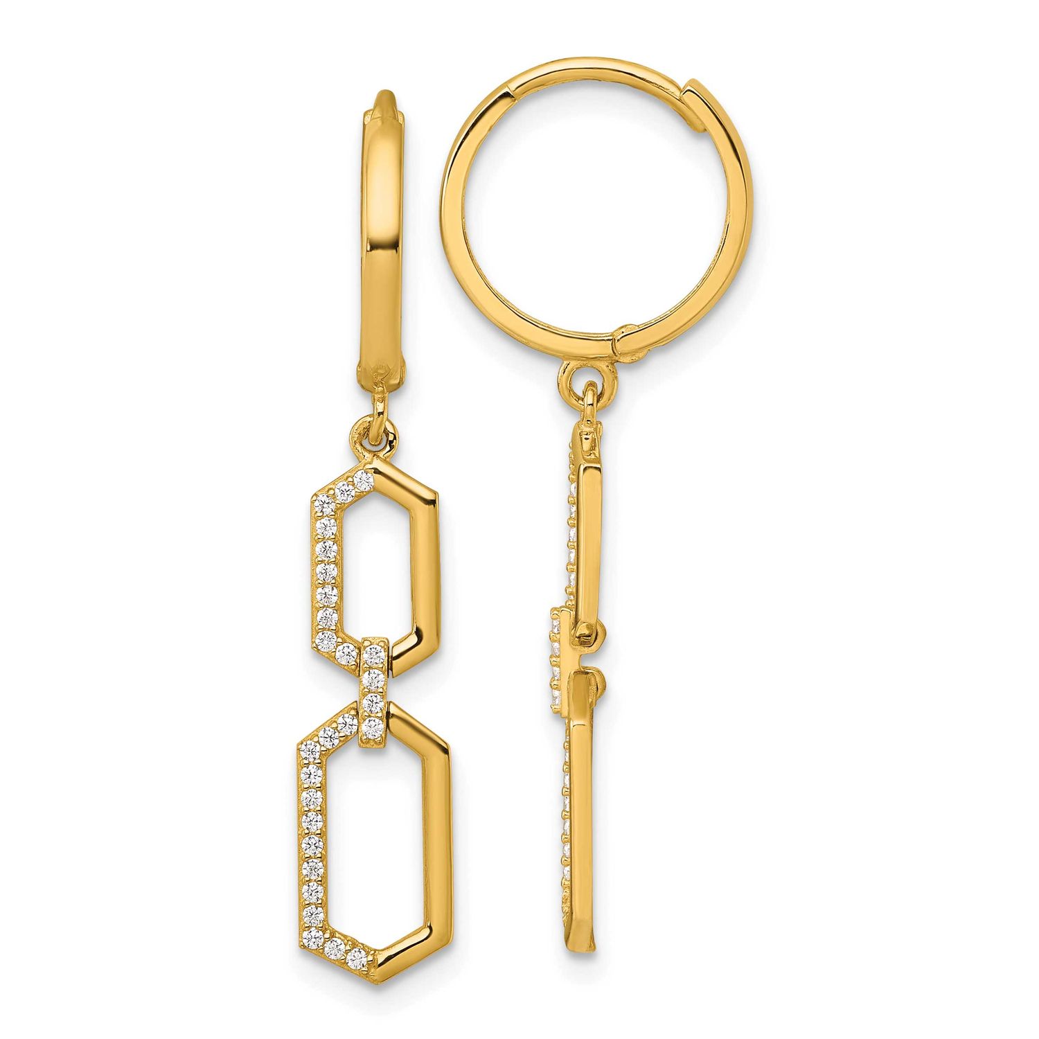 Fancy CZ Hexagon Dangle Hinged Round Hoop Earrings 14k Gold Polished, MPN: YE2277, UPC: