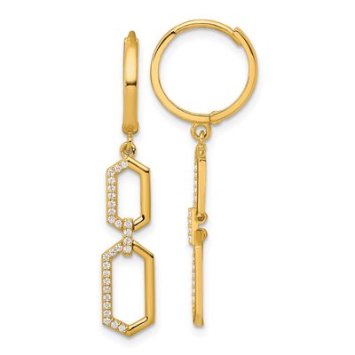 Fancy CZ Hexagon Dangle Hinged Round Hoop Earrings 14k Gold Polished, MPN: YE2277, UPC: