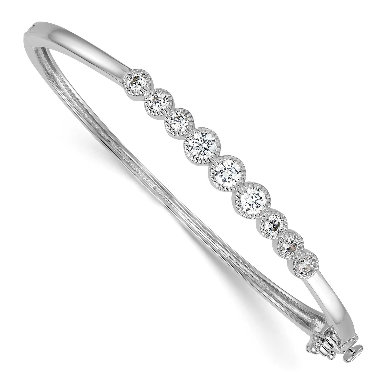 Textured Graduated CZ Hinged Bangle Sterling Silver Rhodium-Plated Polished, MPN: QB1631, UPC: