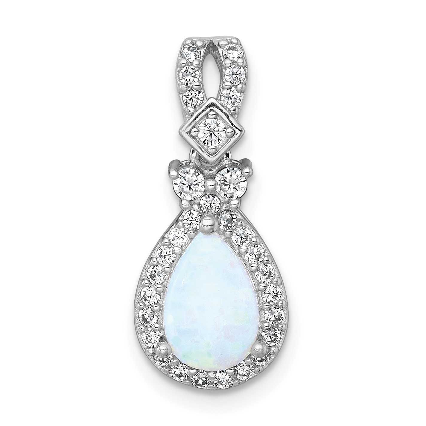 Polished Cr. Opal / CZ Teardrop Chain Slide Pendant 21.6 Inch Sterling Silver Rhodium-Plated Polish…
