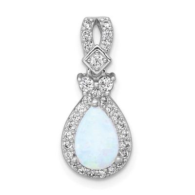 Polished Cr. Opal / CZ Teardrop Chain Slide Pendant 21.6 Inch Sterling Silver Rhodium-Plated Polish…