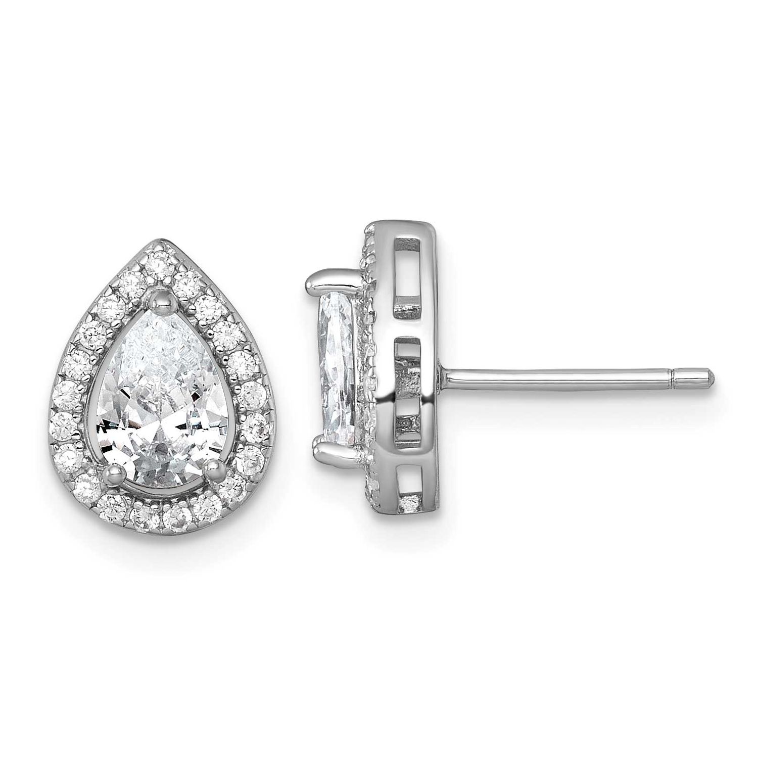 11x9mm Halo Pear CZ Post Earrings Sterling Silver Rhodium-Plated Polished, MPN: QE17805, UPC:
