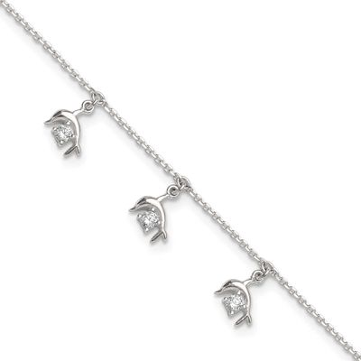 CZ Dolphins 9 Inch Plus 1 Inch Extension Anklet Sterling Silver Polished, MPN: QG6893-9, UPC: