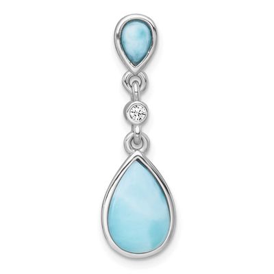 Larimar / CZ Teardrop Chain Slide Pendan 30.7 Inch Sterling Silver Rhodium-Plated Polished, MPN: QG…