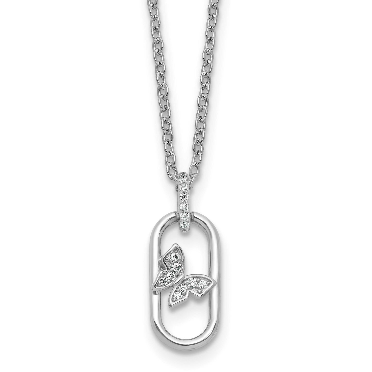 CZ Oval with Butterfly 16 Inch with 1.5 Inch Extension Necklace Sterling Silver Rhodium-Plated, MPN…