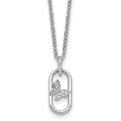 CZ Oval with Butterfly 16 Inch with 1.5 Inch Extension Necklace Sterling Silver Rhodium-Plated, MPN…