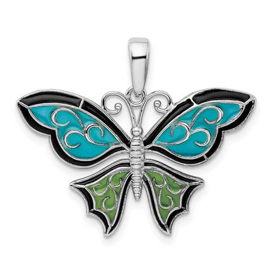 De-Ani Polished Enameled Aqua Butterfly Pendant Sterling Silver Rhodium-Plated, MPN: QC9774, UPC: 6…