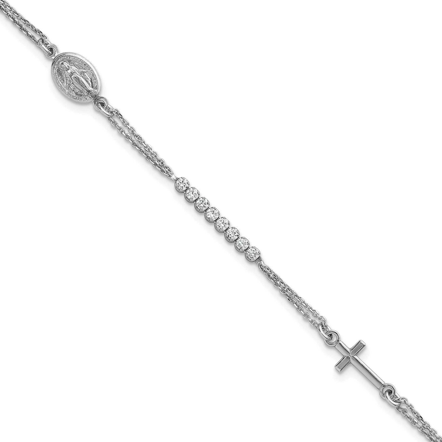 CZ 6.75 Inch with 1.25 Inch Extender Rosary Bracelet Sterling Silver Rhodium-Plated Polished, MPN: …