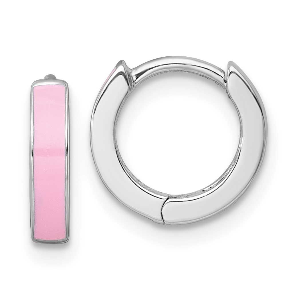 Pink Enameled Hinged Round Hoop Earrings Sterling Silver Rhodium-Plated, MPN: QE17952, UPC: