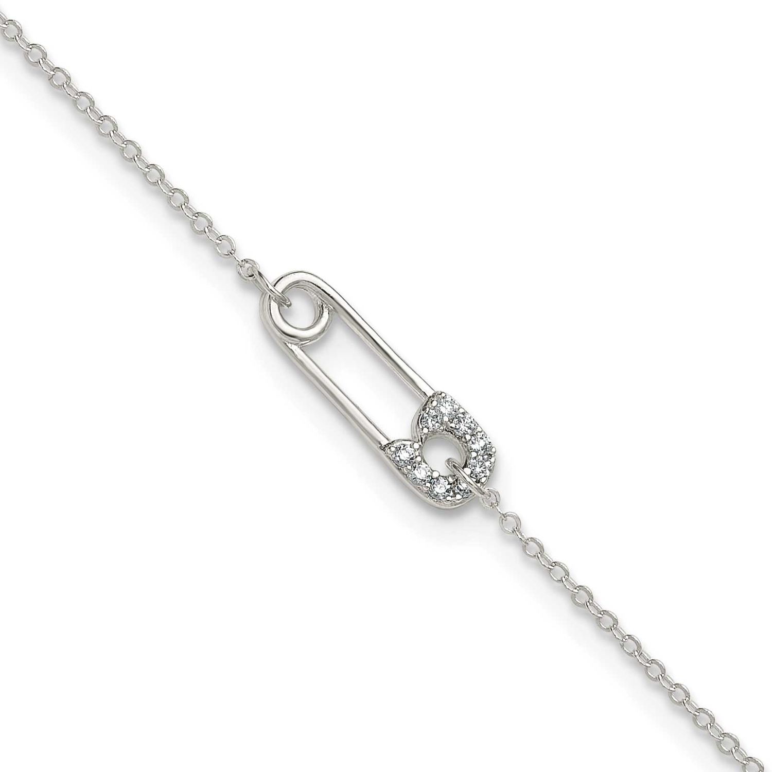 CZ Safety Pin 9 Inch Plus 1 Inch Extension Anklet Sterling Silver Polished, MPN: QG6897-9, UPC: