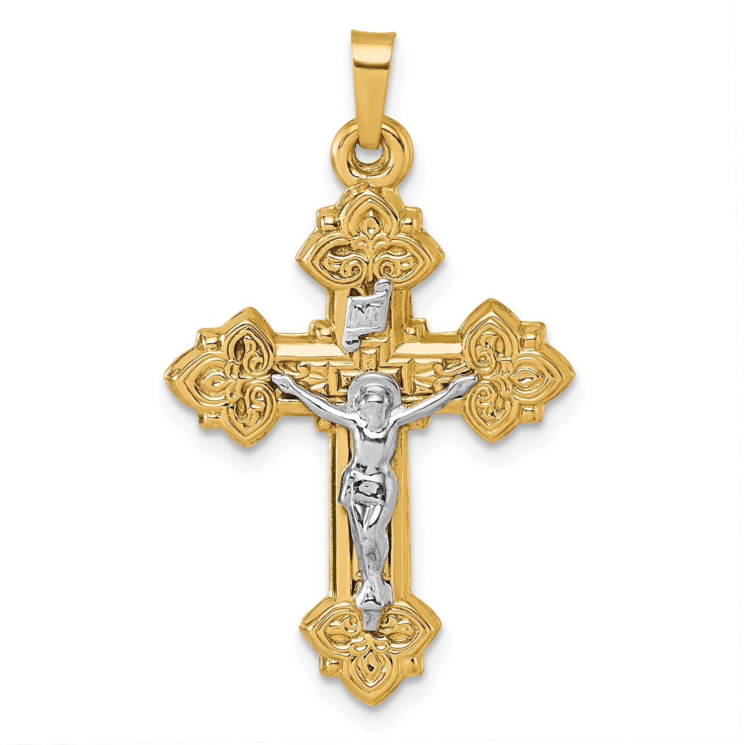 Inri Crucifix Cross Pendant 14k Gold with Rhodium Polished, MPN: XR2183, UPC: