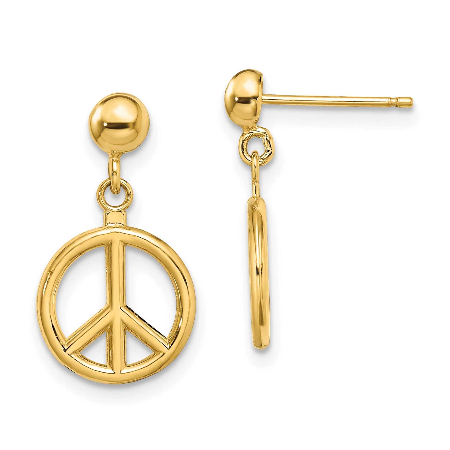 3-D Polished Peace Symbol Dangle Earrings 14k Gold, MPN: TE718, UPC: 637218142989