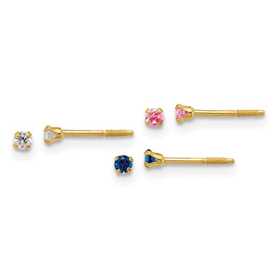 2mm White Pink and Blue CZ Screwback Set of 3 Earrings 14k Gold Polished, MPN: YE2270SET, UPC: