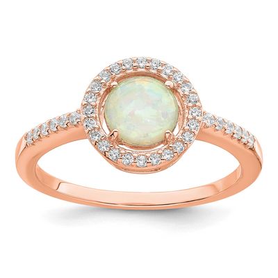 White Created Opal CZ Halo Ring Sterling Silver Rose-Tone, MPN: QR7330, UPC: