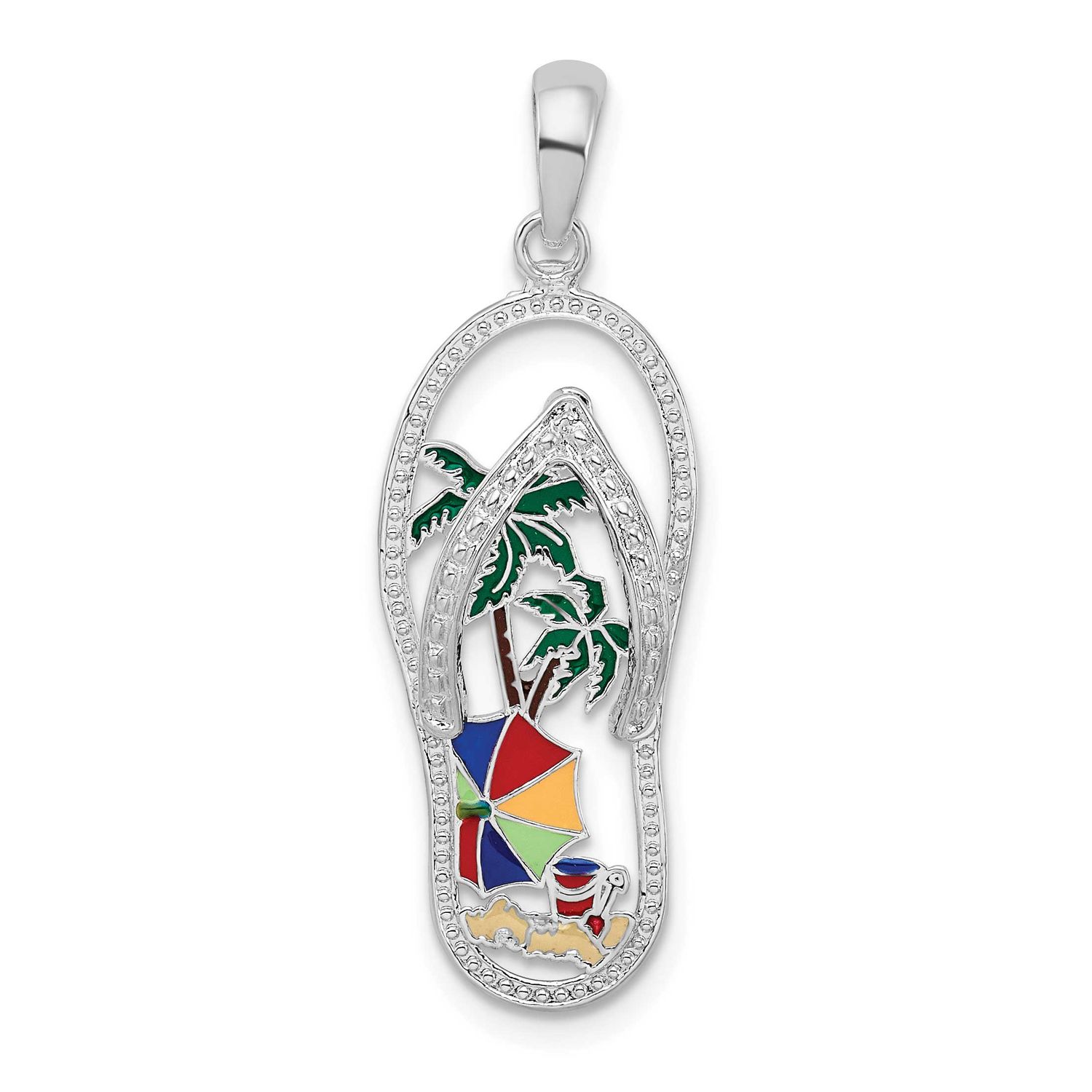 De-Ani Enameled Beach Scene Flip-Flop Pendant Sterling Silver Rhodium-Plated, MPN: QC10735, UPC: 63…