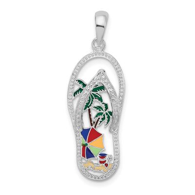 De-Ani Enameled Beach Scene Flip-Flop Pendant Sterling Silver Rhodium-Plated, MPN: QC10735, UPC: 63…