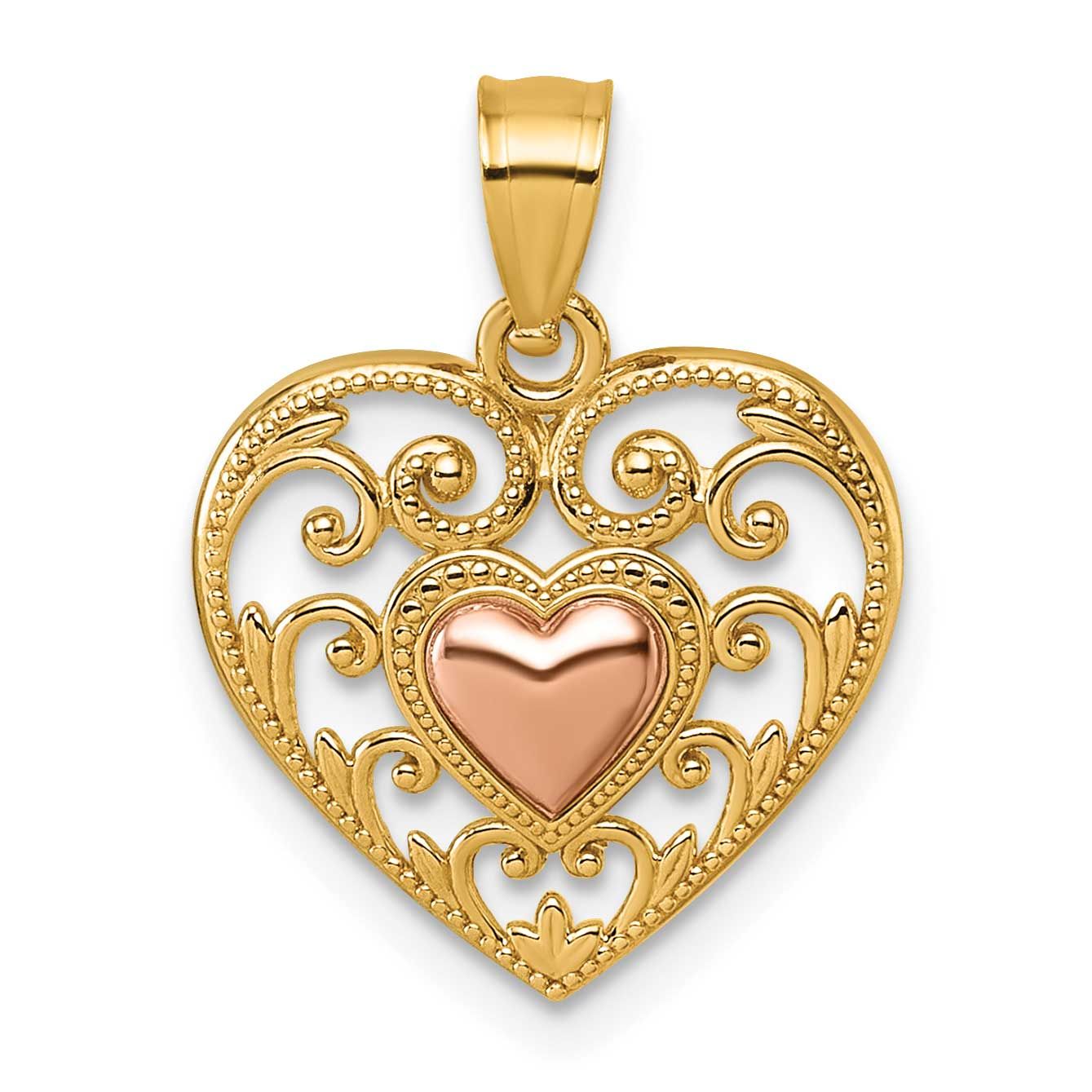 Textured Fancy Heart In Heart Pendant 14K Two Tone Gold Polished, MPN: K9993, UPC: