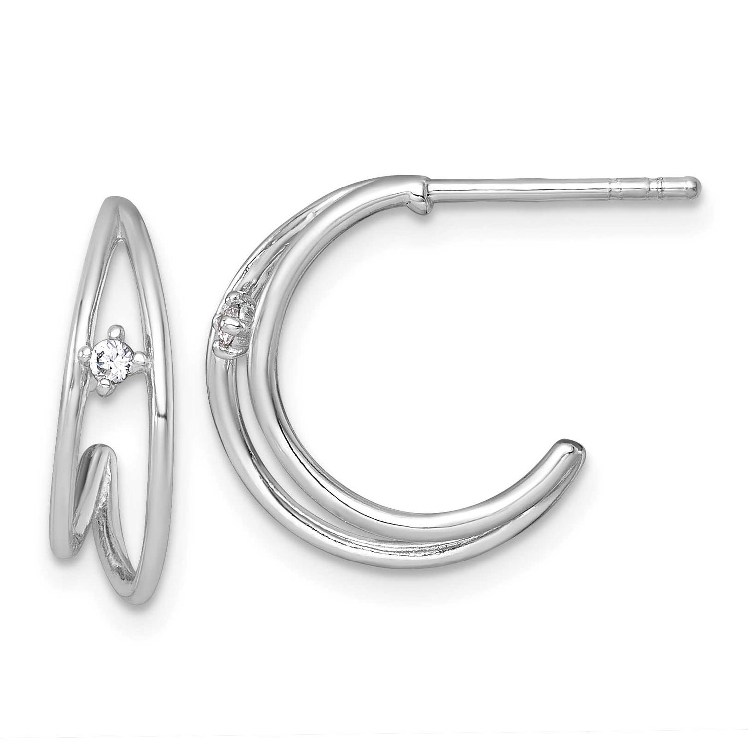 Polished CZ Post C-Hoop Earrings Sterling Silver Rhodium-Plated, MPN: QE18071, UPC: