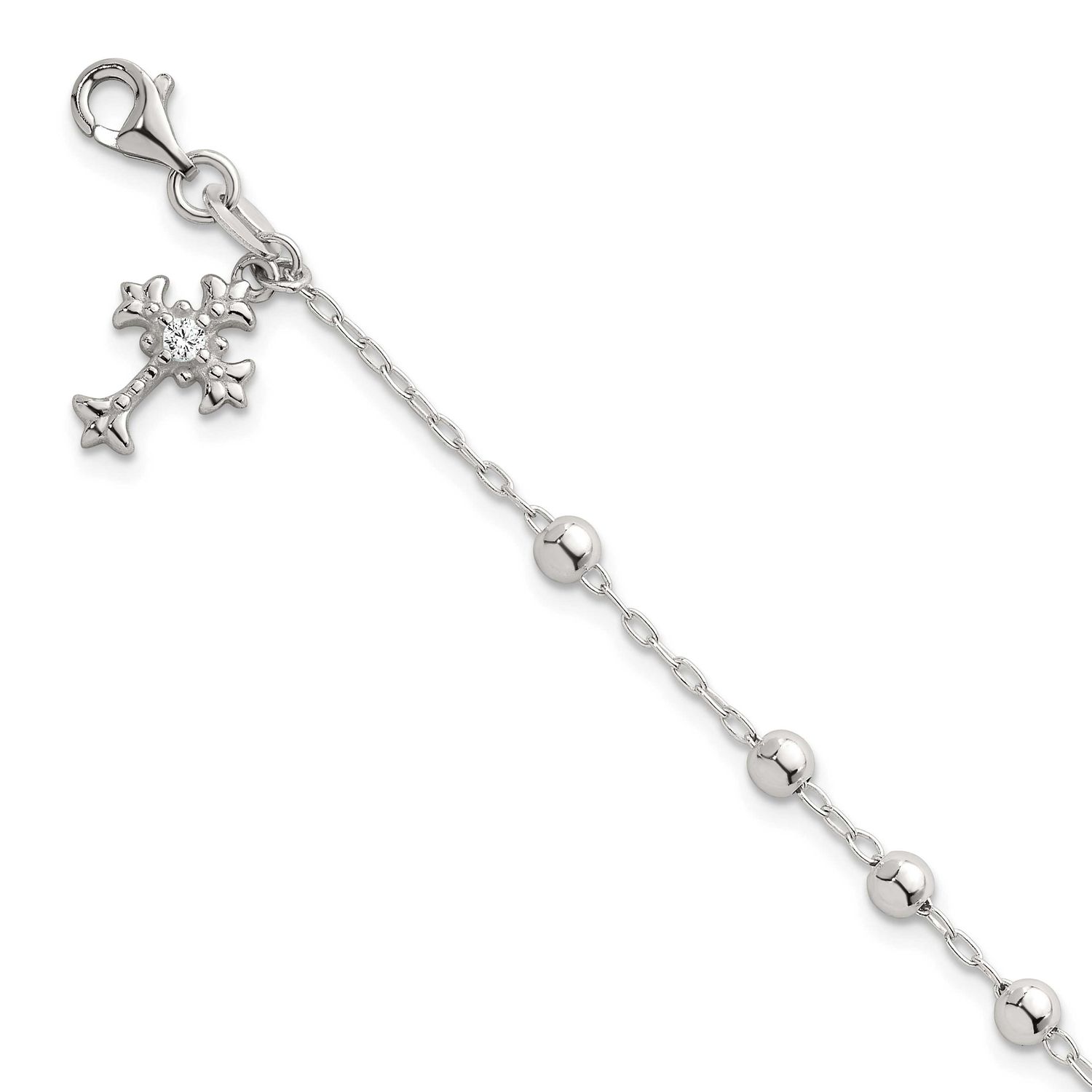 Beaded CZ Cross Bracelet Sterling Silver Polished, MPN: QG7126-7.5, UPC: