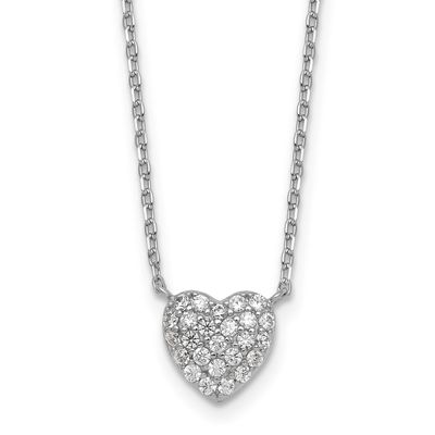 Pave CZ Heart 16 Inch with 2 Inch Extension Necklace Sterling Silver Rhodium-Plated Polished, MPN: …