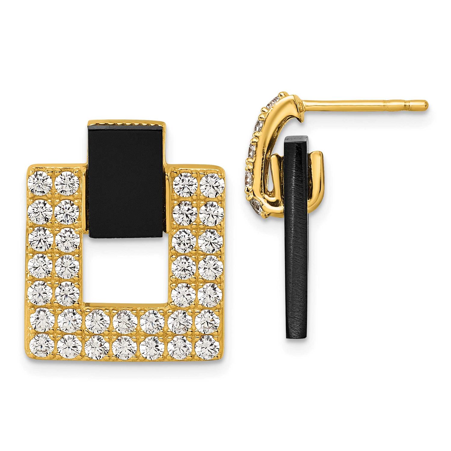 CZ Black Agate Square Dangle Mis-Matched Earrings Sterling Silver Gold-Tone, MPN: QE18050GP, UPC: