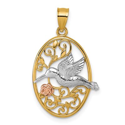 White Rhodium Polished Humming Bird &amp; Flower Pendant 14k Two Tone Gold, MPN: K10053, UPC: