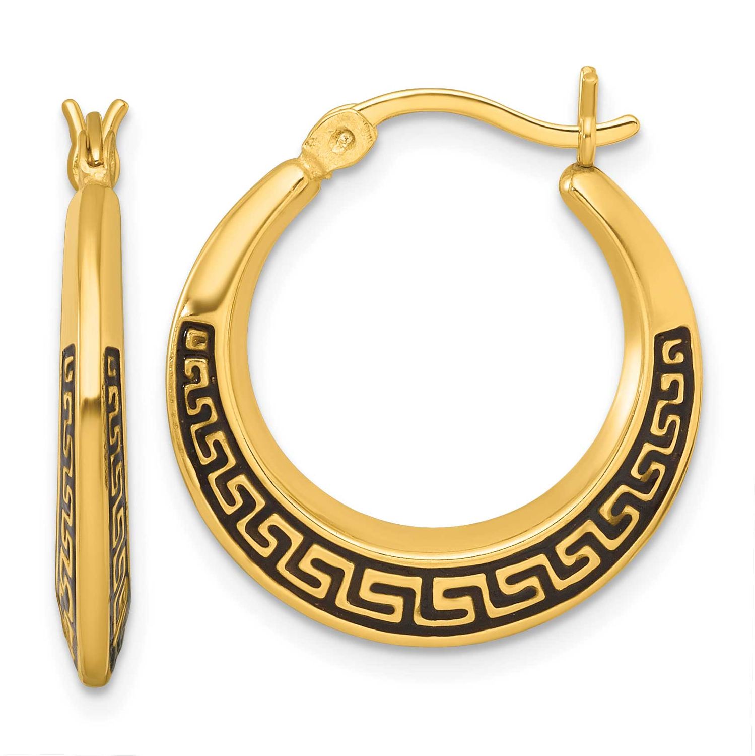 Enamel Greek Key Hoop Earrings Sterling Silver Gold-Tone Polished, MPN: QE17910GP, UPC:
