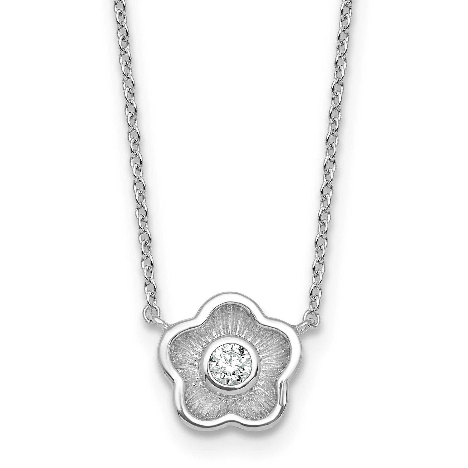 Textured CZ Flower 18 Inch Necklace Sterling Silver Rhodium-Plated Polished, MPN: QG7114-18, UPC: