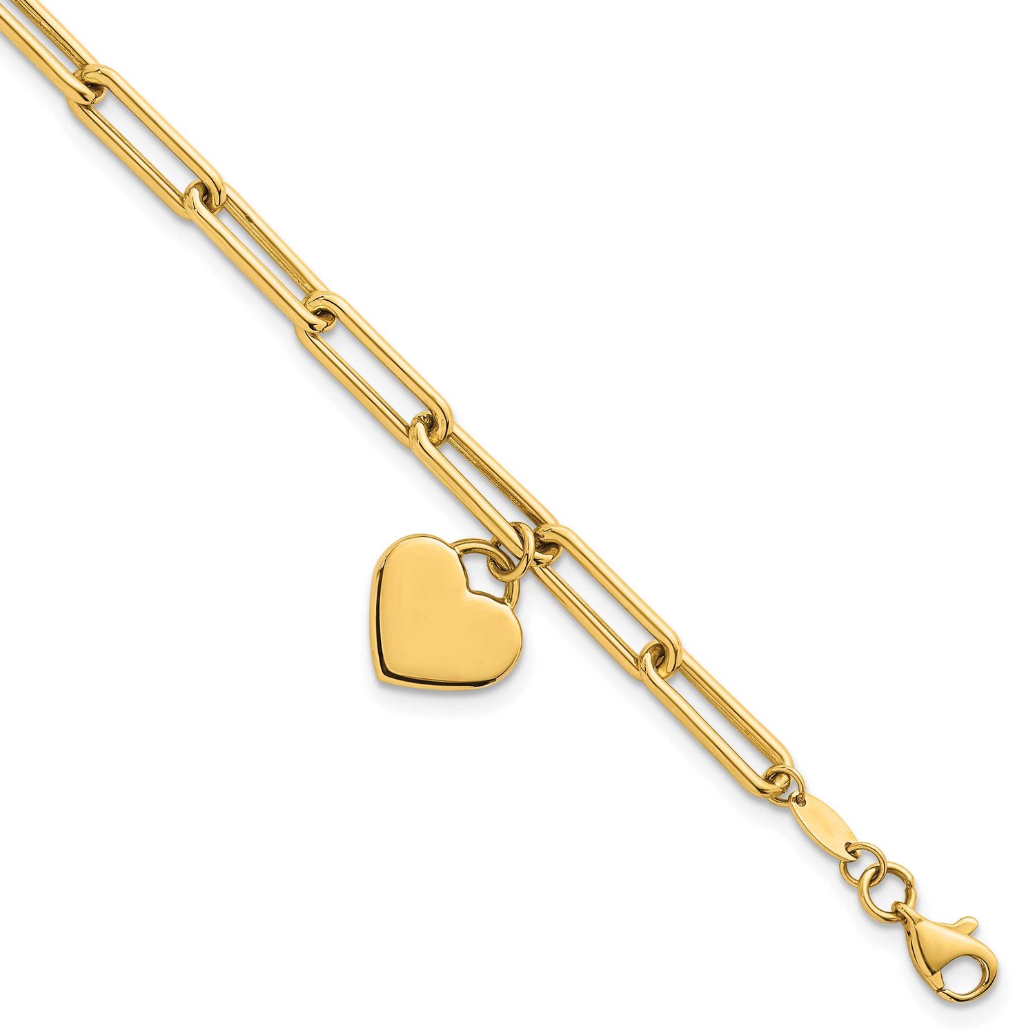 Dangle Heart 7.5 Inch Paperclip Bracelet 14k Gold Polished, MPN: SF3102-7.5, UPC: