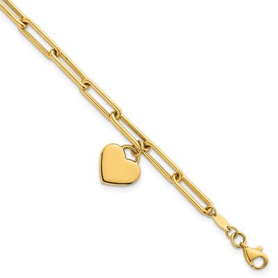 Dangle Heart 7.5 Inch Paperclip Bracelet 14k Gold Polished, MPN: SF3102-7.5, UPC: