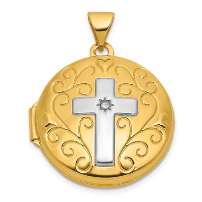Rhodium Diamond Polished Cross 20mm Round Locket 14k Gold, MPN: XL887, UPC: