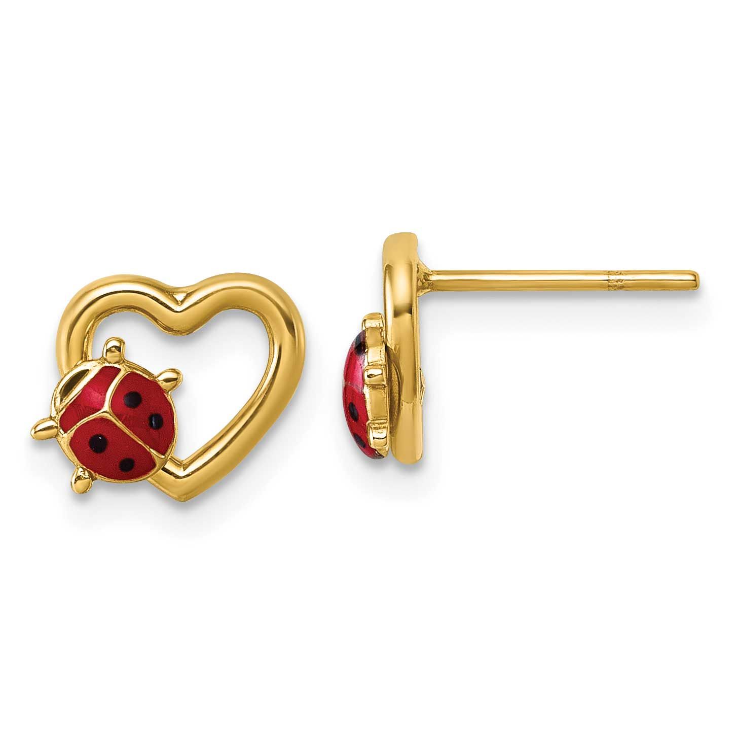 Heart with Enameled Lady Bug Post Earrings 14k Gold Polished, MPN: SF3295E, UPC: