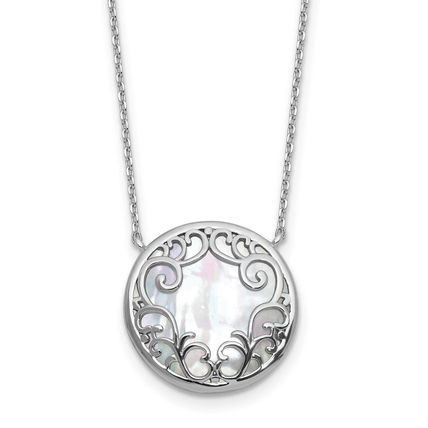 Filigree Mop Circle 16 Inch with 2 Inch Extension Necklace Sterling Silver Rhodium-Plated, MPN: QG6…